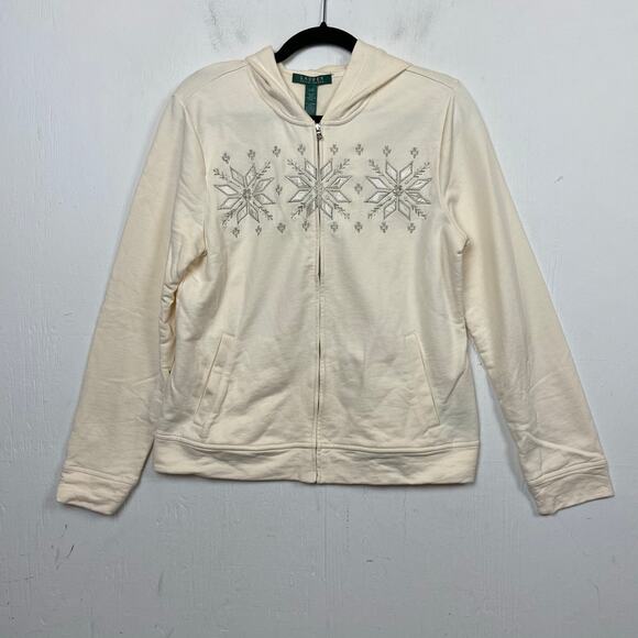 Lauren Ralph Lauren Tops - Lauren Ralph Lauren Women's Ivory Snowflake Sparkle Embroidered Hoodie Large